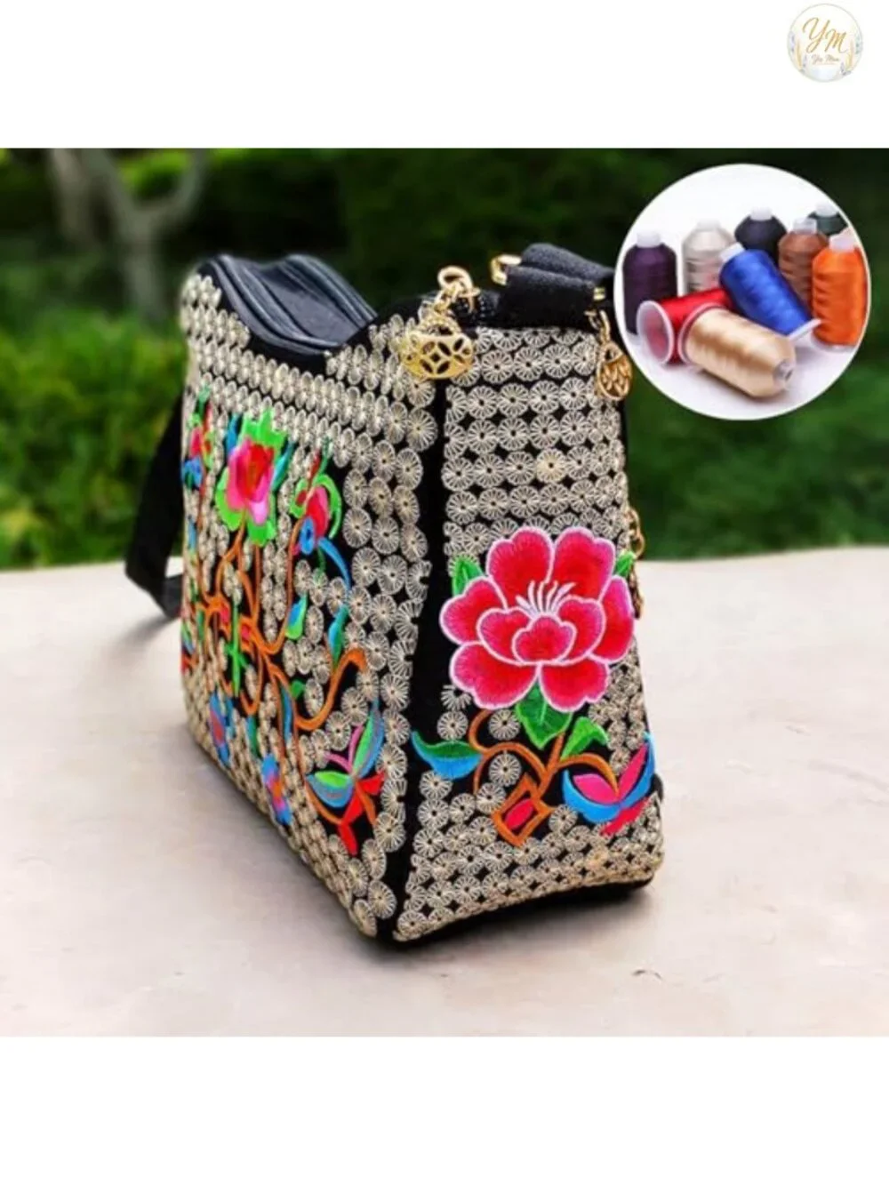 Canvas Embroidered Hobo Crossbody Bag, Adjustable Strap, Multipocket Purse